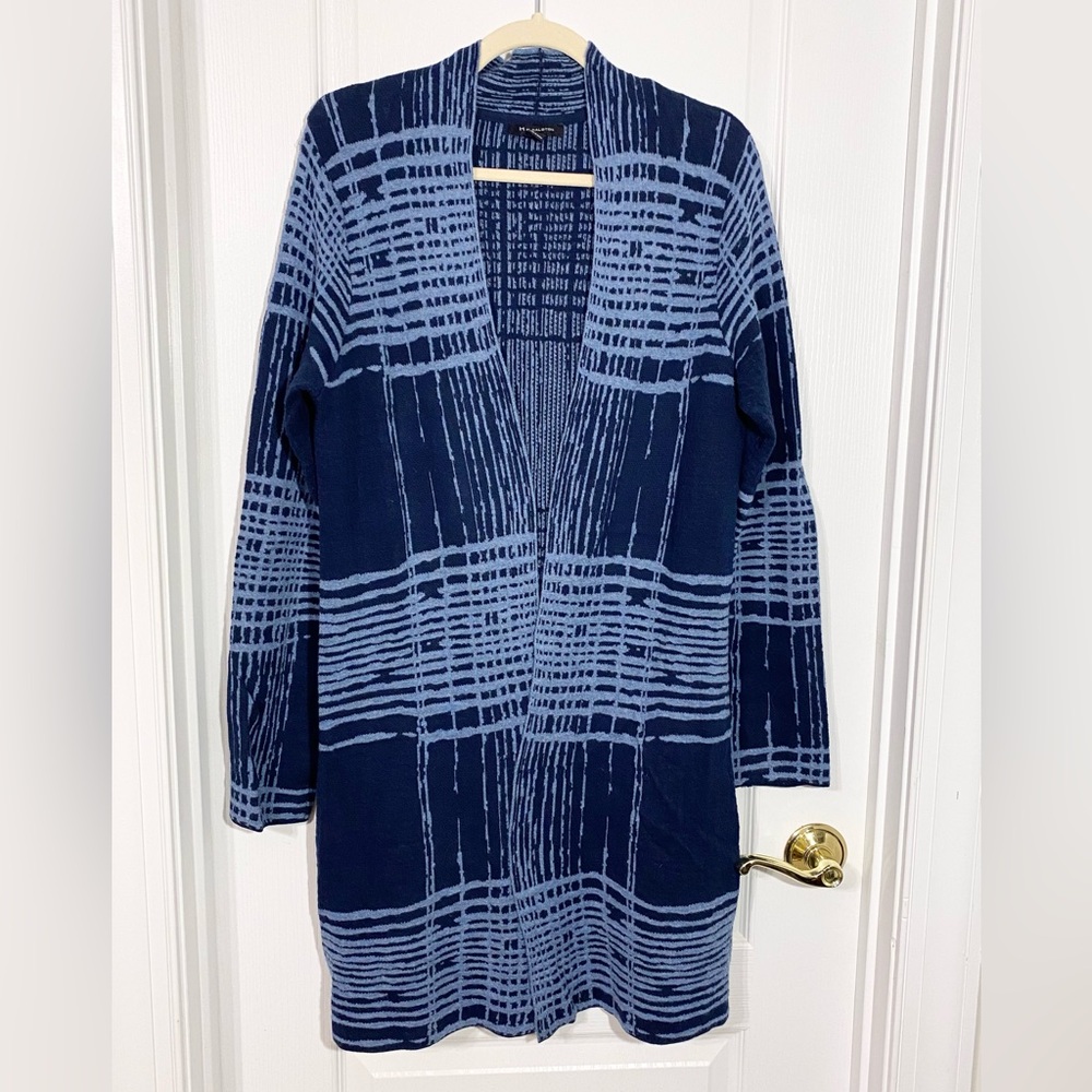H By Halston Abstract Plaid Open Front Long Cardigan Pockets Blue Size Medium